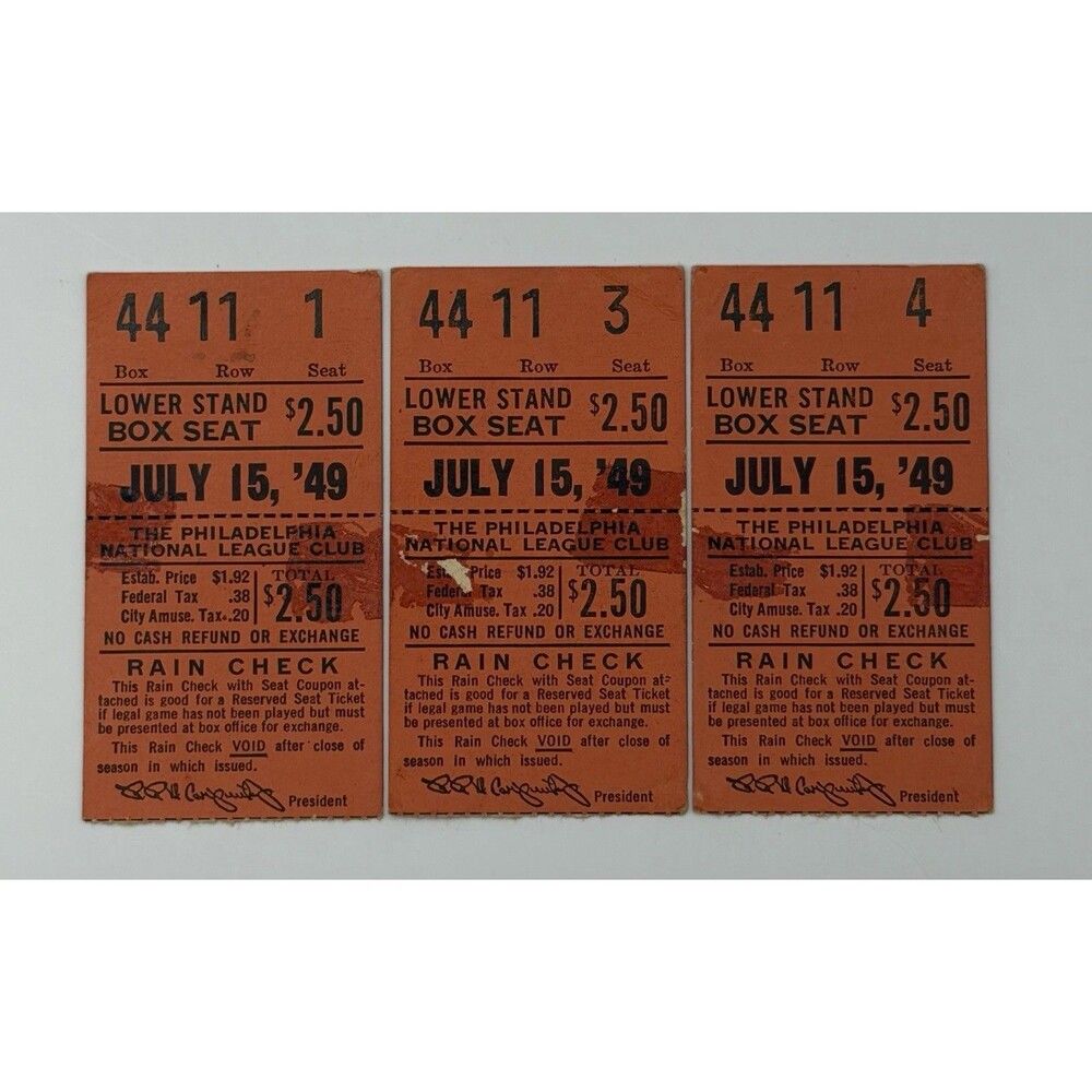 (3) Vintage Philadelphia Phillies 7/15/49 Tickets Shibe Park Vs St Louis